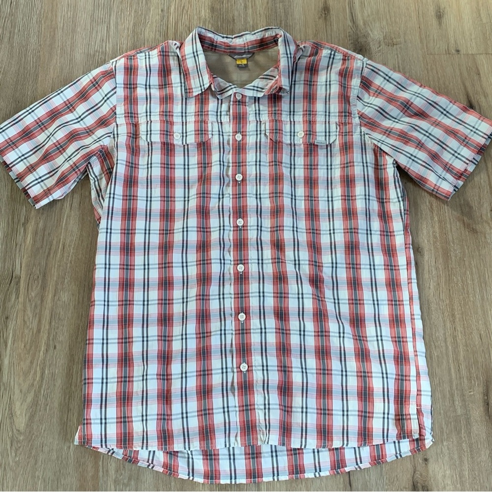 Eddie Bauer Travex Men’s Short Sleeve Button Up Red Plaid Shirt Sz TL